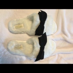 Kate Spade Black bow fluffy white slippers